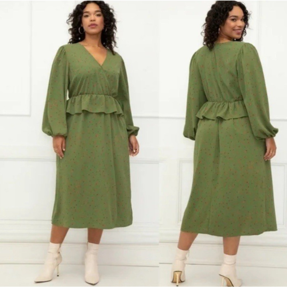 Eloquii Womens Peplum Midi Dress Sz 24 Green V Neck Surplice Long Balloon Sleeve